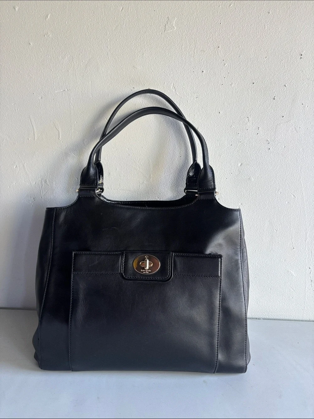 Classic Black Leather Tote with Turn-Lock Closure